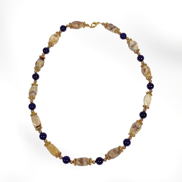 Handmade Beaded Necklace Beige Agate Stone Gold Tone Blue Beads Artisan Jewelry - Picture 3 of 8